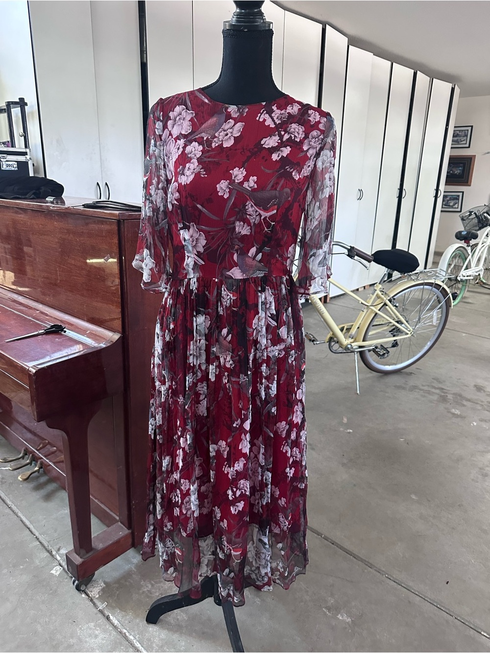Floral Burgundy Midi Dress with Sheer Sleeves